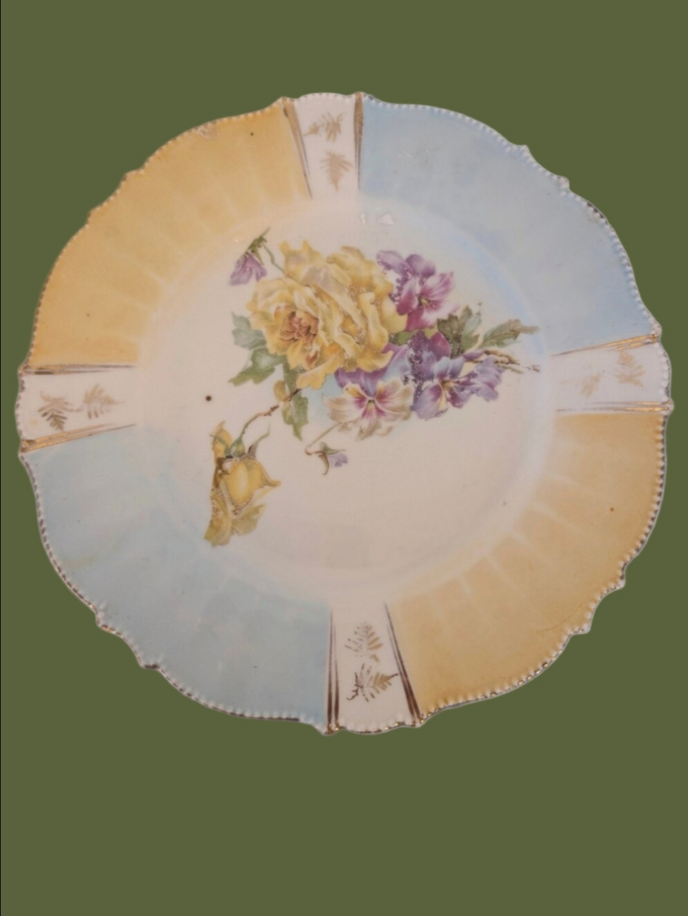 Vintage Plate Floral Porcelain Plate - Yellow Rose & Blue Background